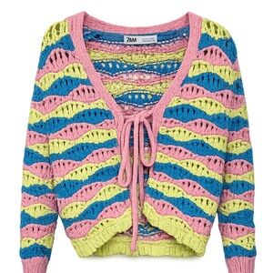Zara Pink Blue Yellow Crochet Openwork Tie-Front V-Neck Sweater